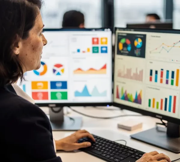 Professionnelle marketing analysant des dashboards data sur écrans multiples en open-space