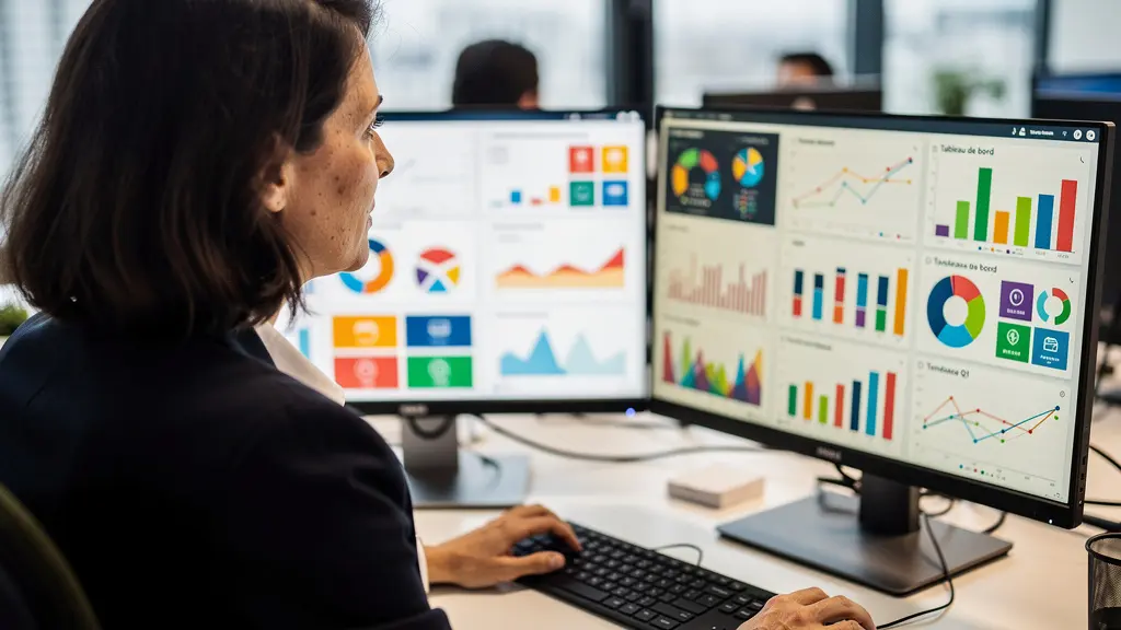 Professionnelle marketing analysant des dashboards data sur écrans multiples en open-space