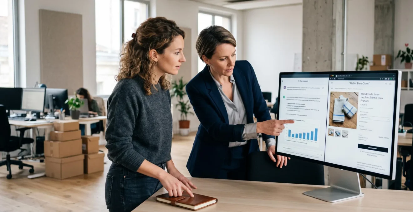Un consultant en visibilité digitale et un e-commerçant analysent ensemble les résultats d'une conversation avec un assistant IA sur un écran d'ordinateur dans un bureau.