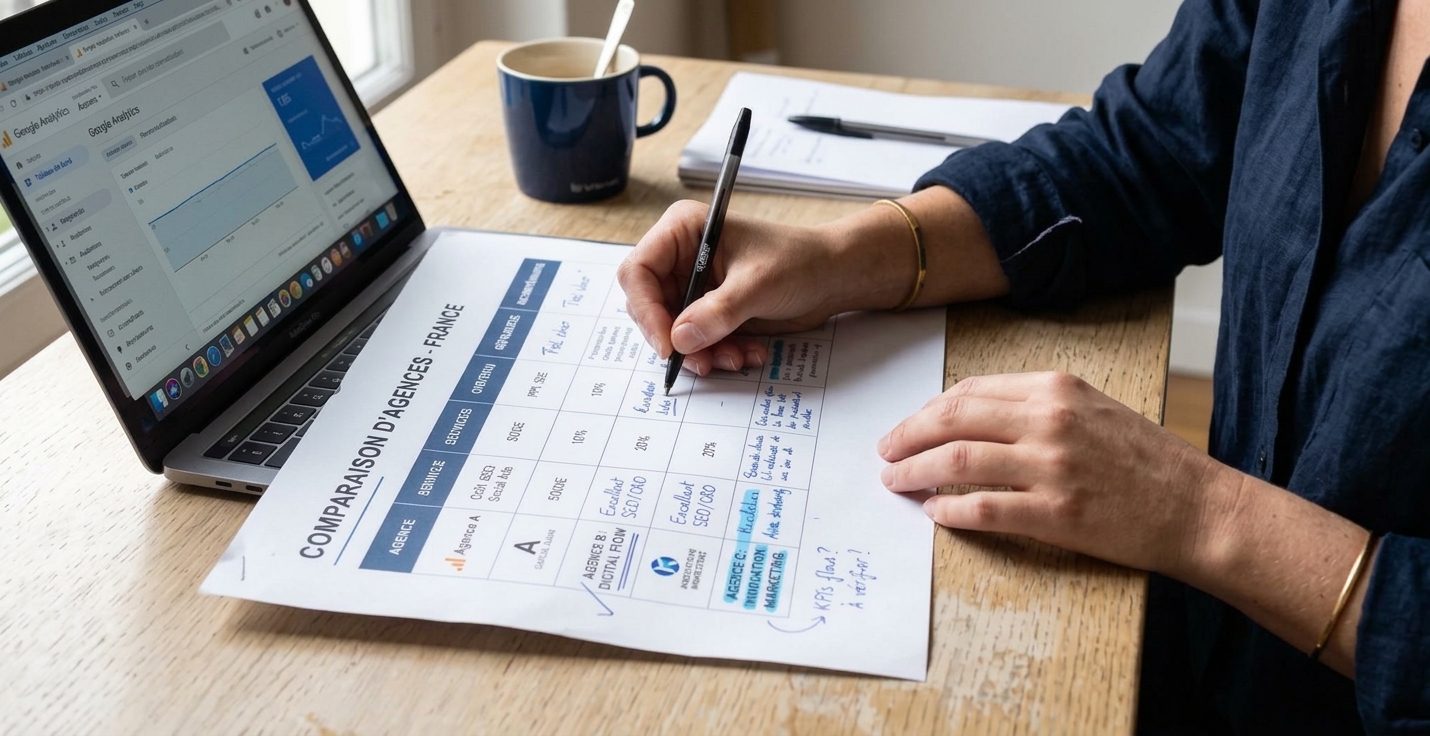 Mains d'un professionnel annotant un document comparatif imprimé posé sur un bureau avec un ordinateur portable à proximité.