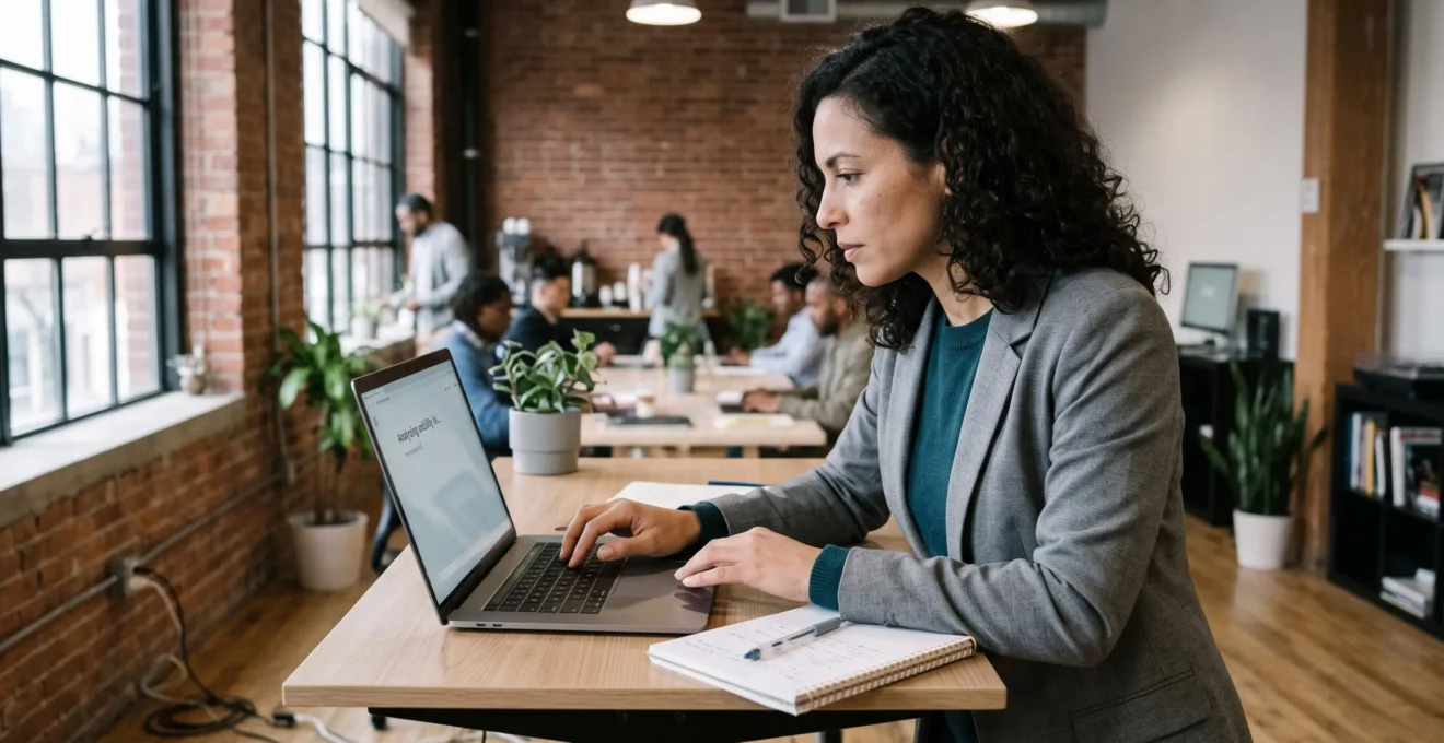 Une spécialiste en référencement interroge une interface d'assistant IA sur son ordinateur portable dans un espace de coworking.